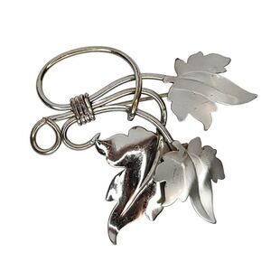 Vintage Silver Tone Autumn Maple Leaf Brooch Brushed Shiny Swirl 2.5"